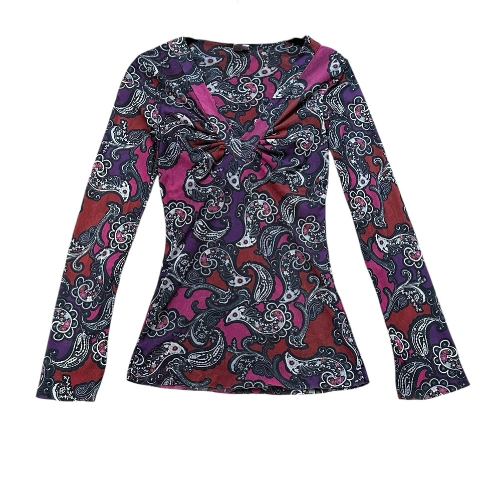 Sweet Pea Paisley Mesh Fitted Top Long Sleeve Y2K Boho Fairy Grunge Hippie